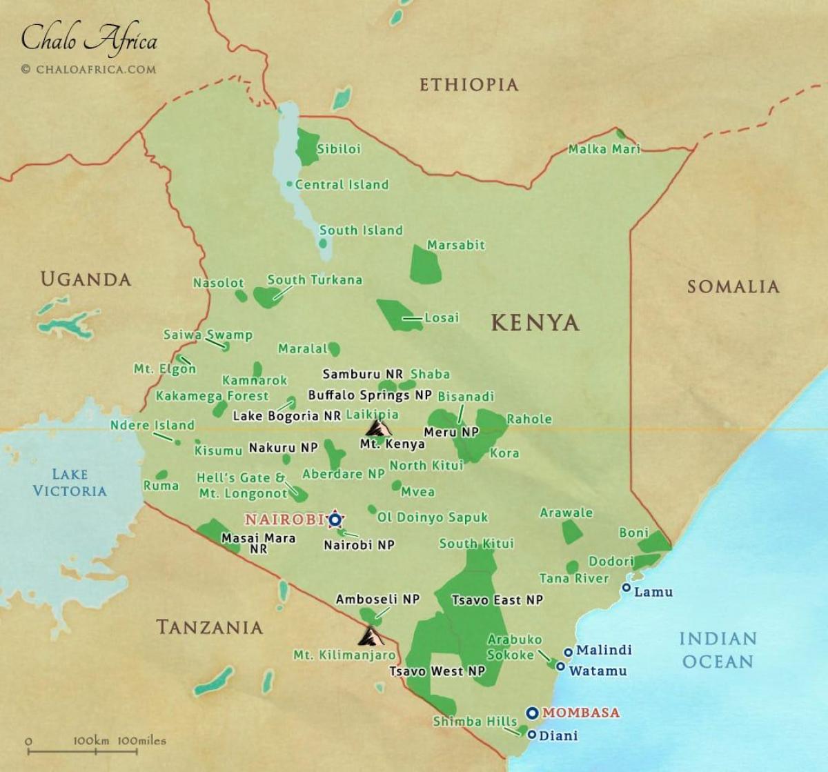 zemljevid Keniji nacionalni parki in rezervati
